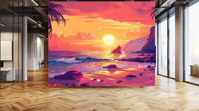 Picturesque sunset over calm ocean with palm trees and rocky shore Wall mural