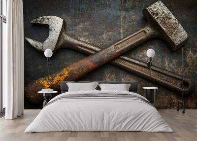 Two Rusted Tools Crossed on a Metallic Surface Wall mural