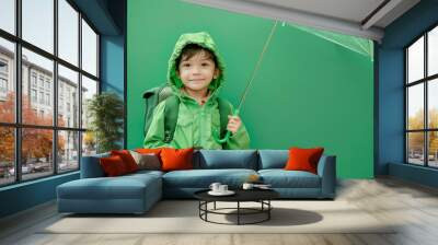 Young boy in green raincoat with backpack and umbrella Wall mural