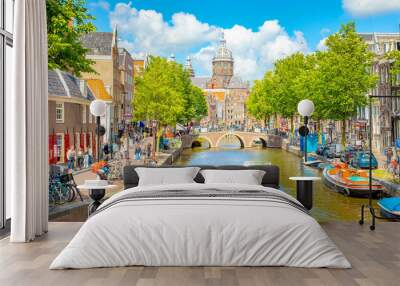 Amsterdam city centre and water canal in De Wallen district, Netherlands Wall mural