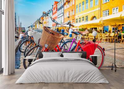 Copenhagen old town, Denmark. Nyhavn harbor, selective focus on bicycle Wall mural