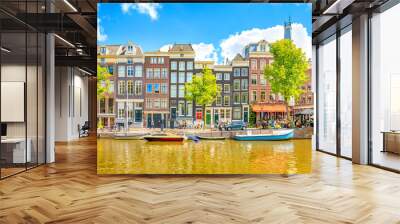 Panorama of Amsterdam city, scenic skyline over Amstel canal, Netherlands Wall mural