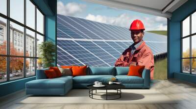 A solar panel engineer, man, at a solar panels photovoltaic electricity cell plant or energy farm Wall mural