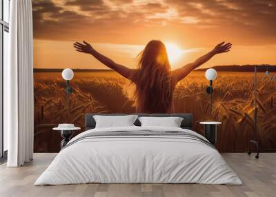 Woman Arms Up Hands Raised Field Praise Sunset Wall mural