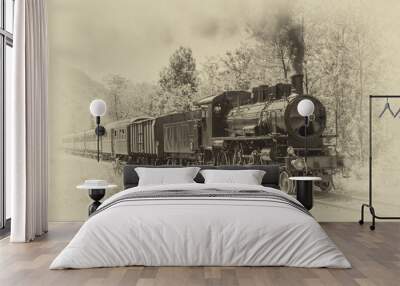 Old steam locomotive in vintage style Wall mural