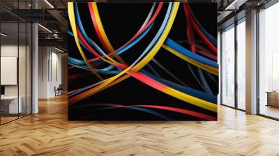 A abstract geometric wallpaper of colorful wavy neon ribbon glowing lines isolated on black background from Generative AI Wall mural