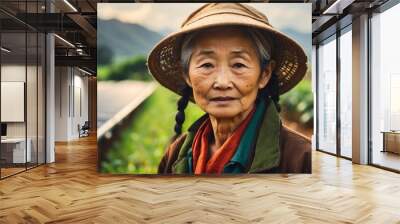 A elderly chinese farmer woman on farm fields with solar panels on the side for green renewable energy banner copyspace from Generative AI Wall mural