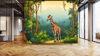 A Giraffe in jungle forest background from Generative AI Wall mural