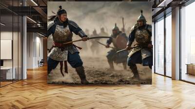 a mongol warrior portrait on middle of a battle ground fight from Generative AI Wall mural