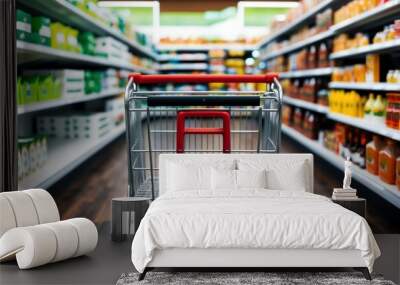 a shopping cart prominently in the foreground, with a red plastic basket and a metal img Wall mural