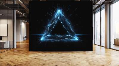 abstract triangle of blue glowing light particles with lightning sparks on plain black background Wall mural