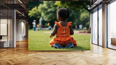 African Toddler with Straight Hair in Cute Outfit at Sunny Field Back View Portrait Wall mural