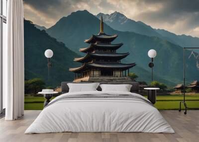 Ancient stone pagoda standing tall in a serene mountain valley Wall mural