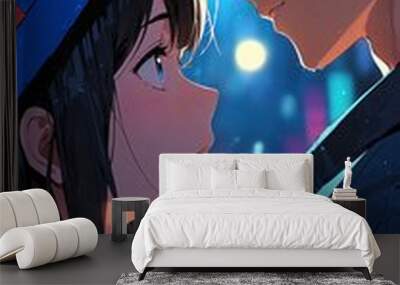 anime couple in blue hat cartoon manga art illustration design background 3 Wall mural