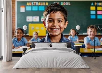 Australian kid boy smiling portrait on school classroom background Wall mural