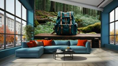 Backpack leaning against a bench in a quiet forest clearing Wall mural