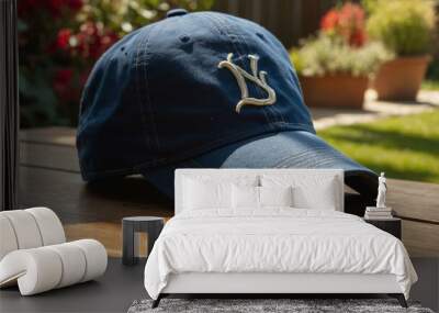 Baseball cap resting on a table in a sunny backyard Wall mural