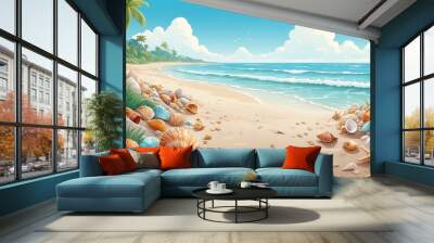 Beach Walk with Seashells Cartoon Background Design Wall mural