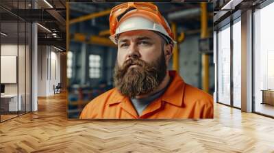 bearded maintenance worker in orange uniform on the job background Wall mural