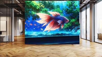 betta fish in aquarium background anime cartoon illustration Wall mural