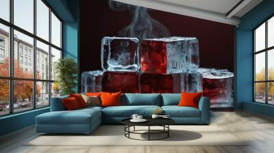 Blocks of ice cubes on plain dark red background with fog and smoke mist cold from Generative AI Wall mural