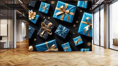 Blue Christmas presents on plain black background from Generative AI Wall mural