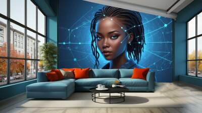 blue concept african woman data cyber security banner with digital codes connections background Wall mural