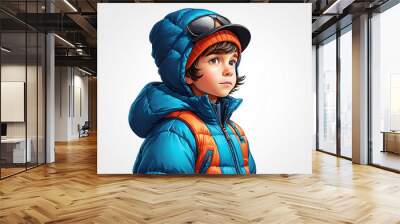 Boy wearing padded jacket and hat on plain white background Wall mural