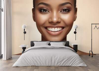 Bright Beige background Portrait of black african smiling beautiful woman with smooth clean face glowing skin youth skin care ad concept from Generative AI Wall mural