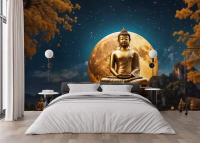 bright moon background with giant gold buddha statue from Generative AI Wall mural