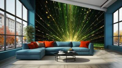 Burst of green rays of light abstract on dark golden sparkling backdrop with copy space from Generative AI Wall mural