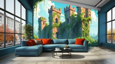 Castle Ruins Overgrown with Vines Cartoon Background Design Wall mural