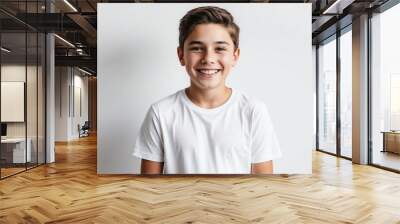 caucasian teen boy white background wearing plain white tshirt smiling happy portrait Wall mural