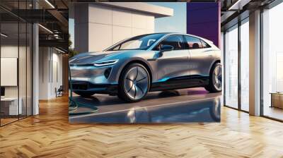 Charging a sleek, futuristic electric car, a vision of cutting-edge transportation copy space Wall mural