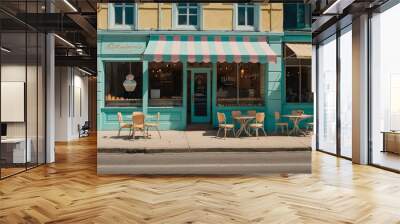 Charming bakery storefront with pastel colors and a striped awning Wall mural