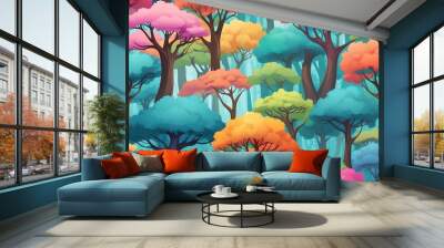 Colorful Whimsical Tree Tops Cartoon Background Design Wall mural