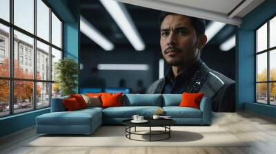 Confident Hispanic male with wearable tech in futuristic office background Wall mural