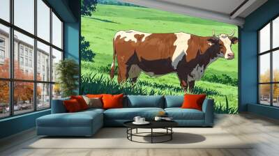 cow in pasture background anime cartoon illustration Wall mural