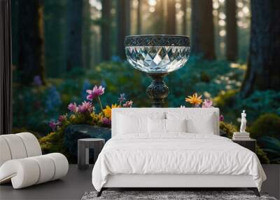 Crystal chalice on a stone altar surrounded by enchanted forest flowers Wall mural