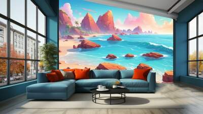 Dreamy Beach with Colorful Rocks Cartoon Background Design Wall mural