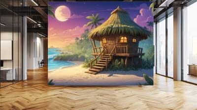 Enchanted Tiki Hut on the Beach Cartoon Background Design Wall mural