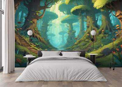 Fantastical Forest Exploration Cartoon Background Design Wall mural