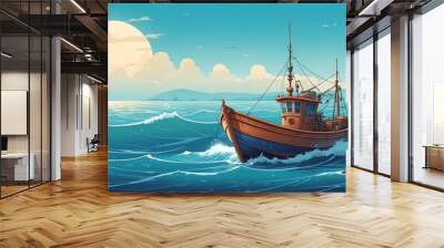 Fishing Boat on the Horizon Cartoon Background Design Wall mural