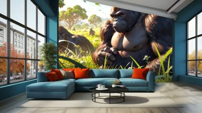 gorilla in savannah grassland background anime cartoon illustration Wall mural