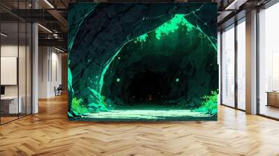 green lighting cave tunnel art anime cartoon style background from Generative AI Wall mural