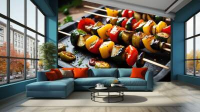 Grilled vegetable kebabs on tray background Wall mural