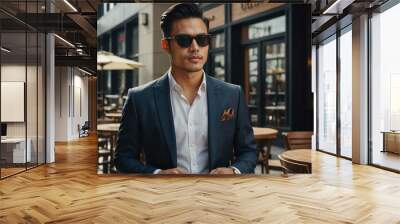 guy formal wear in Outdoor cafe in business district background Wall mural