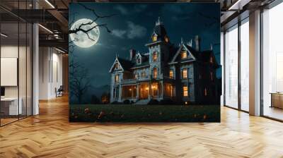 Halloween ghostly mansion with eerie lighting and a full moon overhead Wall mural