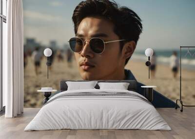 handsome korean guy portrait on summer beach vacation with sunglasses and bright sunshine from Generative AI Wall mural