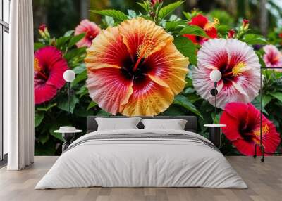 Hibiscus garden with large colorful blooms and tropical vibe Wall mural